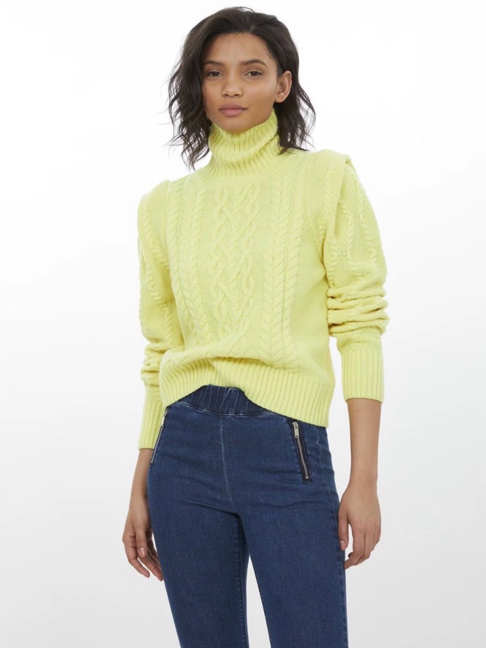 NWT Generation Love Jordan Cable Knit Turtleneck Sweater Yellow Wool Cashmere XS